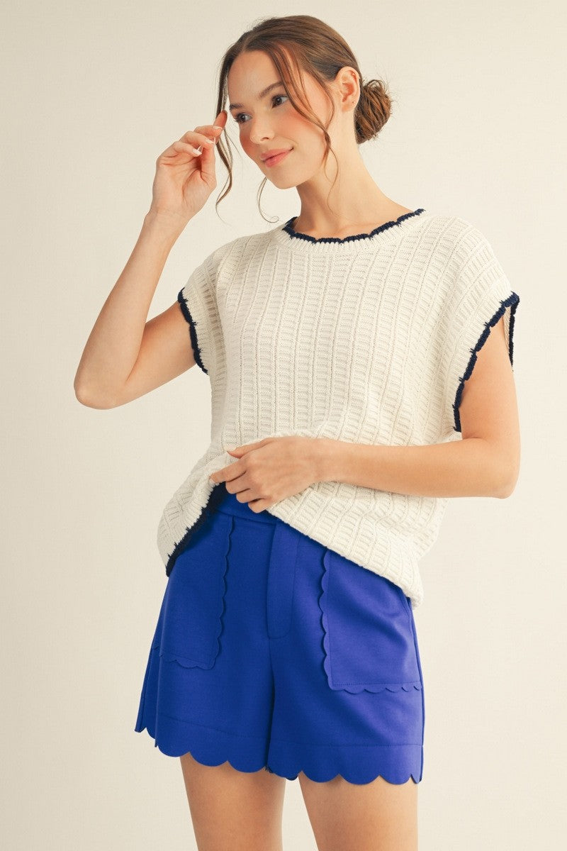 Ivory Scallop Trim Knit Top