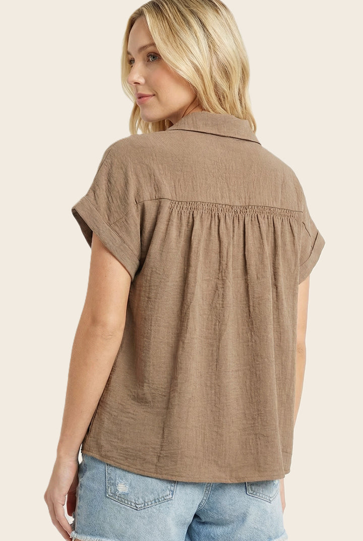 Camel Gauze Button Front Top