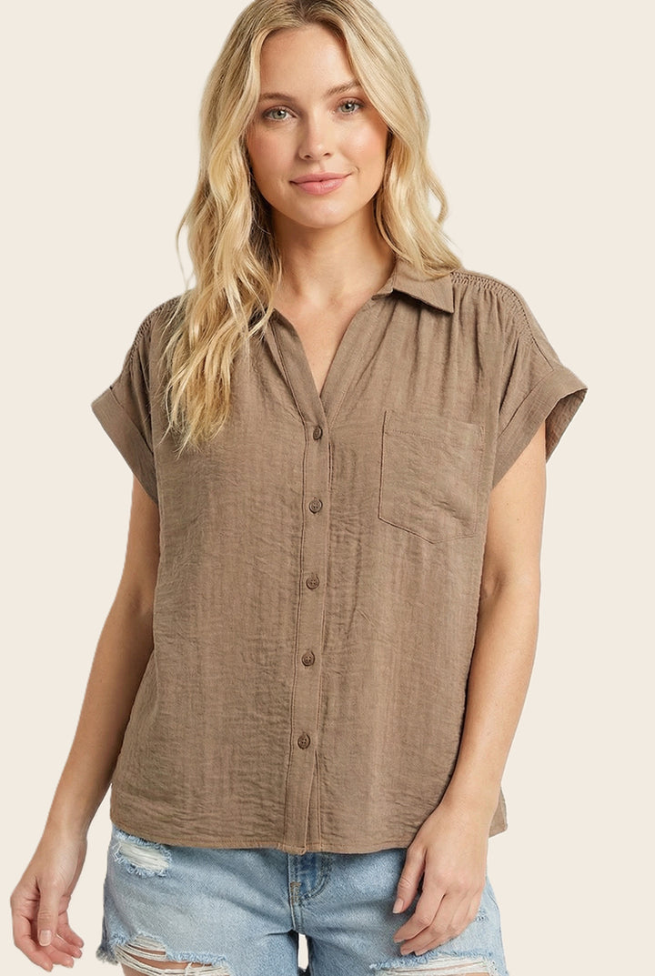 Camel Gauze Button Front Top