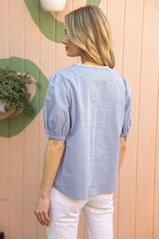 Blue Embroidered Linen Top