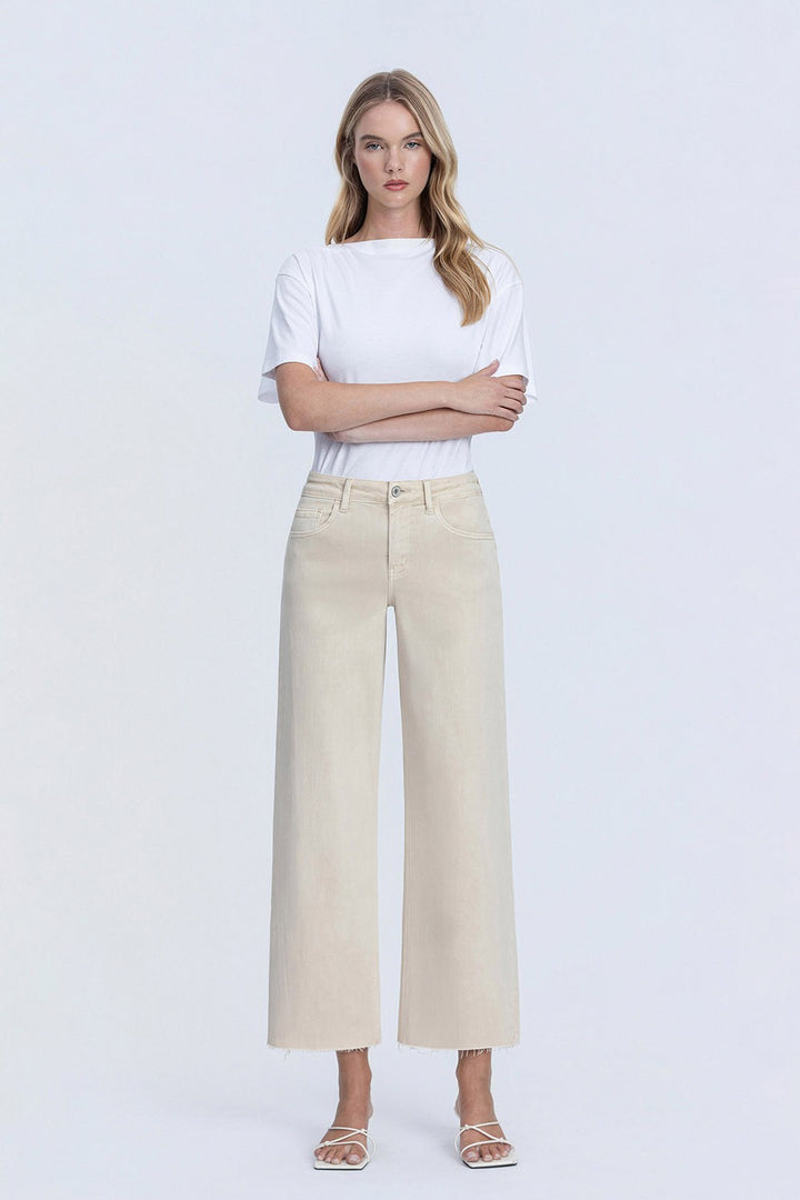 Ecru High Rise Crop Wide Leg Jeans