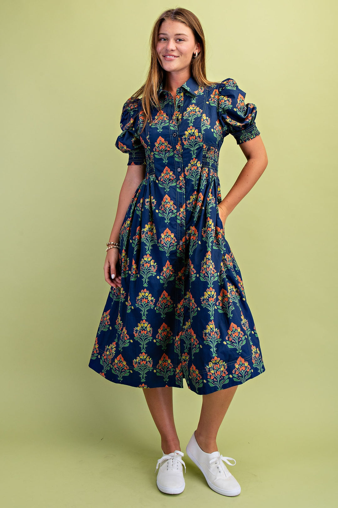Navy Floral Puff Sleeve Midi Dress with Smocked Waist