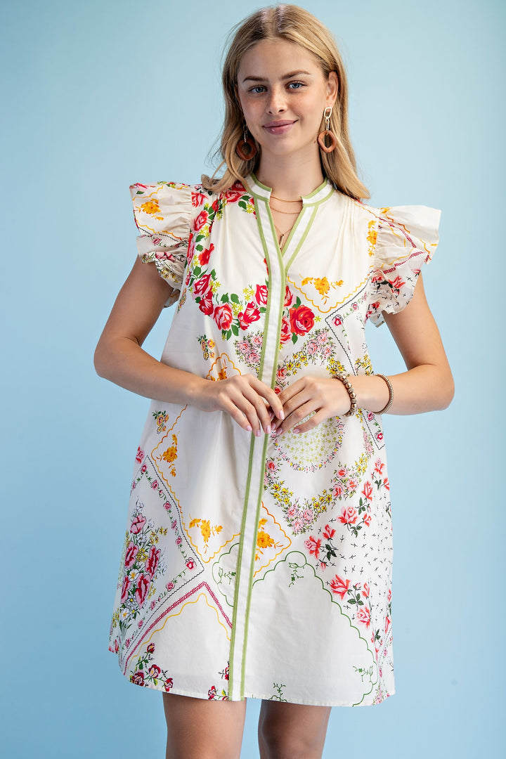 Floral Patchwork Puff Sleeve Dress