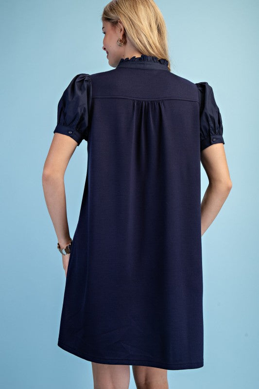 Mixed Fabric Dress - Navy