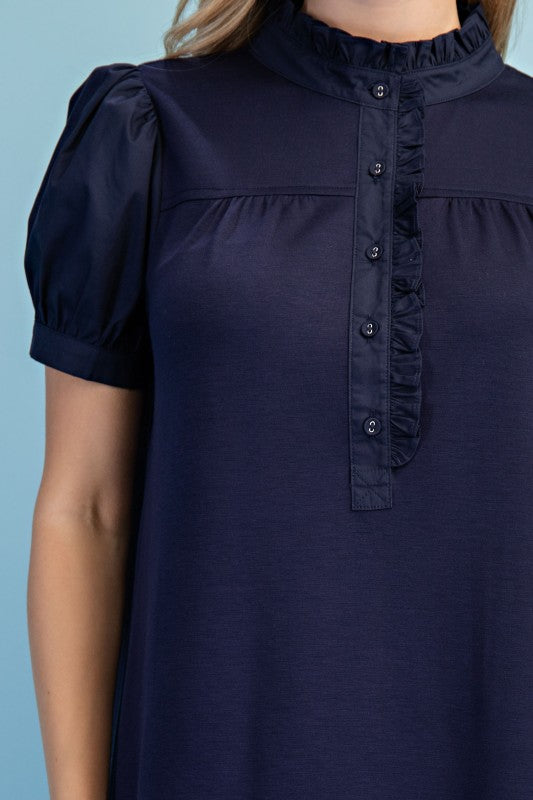 Mixed Fabric Dress - Navy