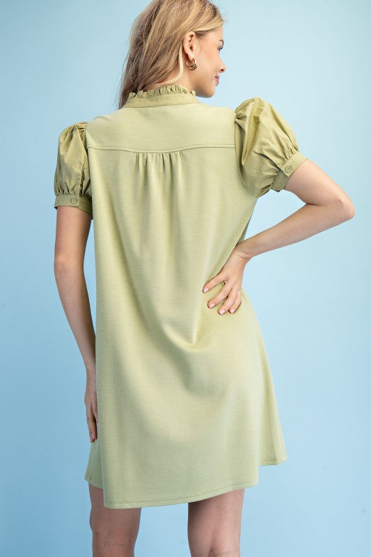 Mixed Fabric Dress - Matcha