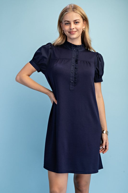 Mixed Fabric Dress - Navy