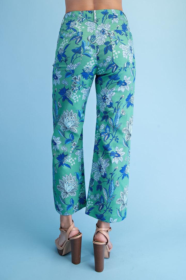 Stretch denim style printed pants with front pockets