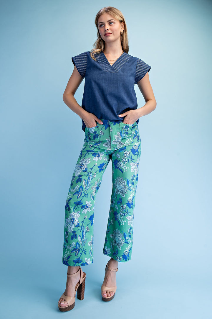 Green Mix Floral Cropped Pants