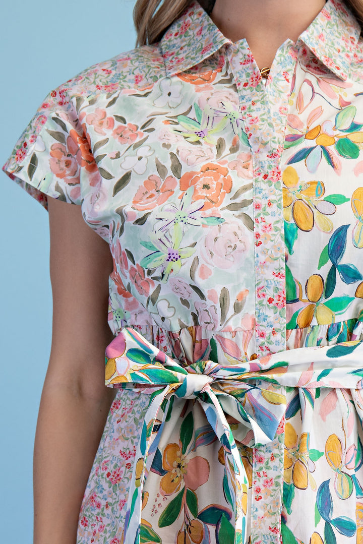 Women’s button front floral top with waist tie detail