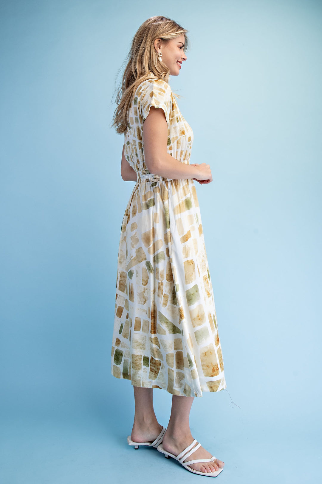 Neutral Tile Print Midi Shirt Dress