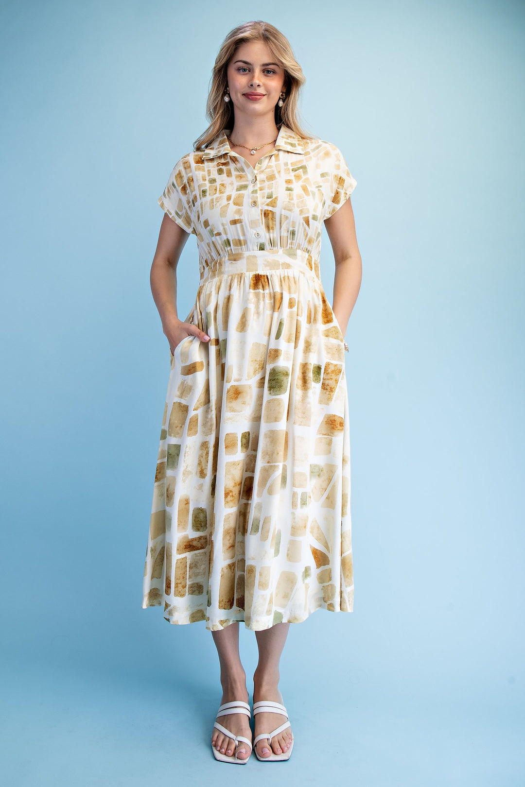 Neutral Tile Print Midi Shirt Dress Neutral Tile Print Midi Shirt Dress