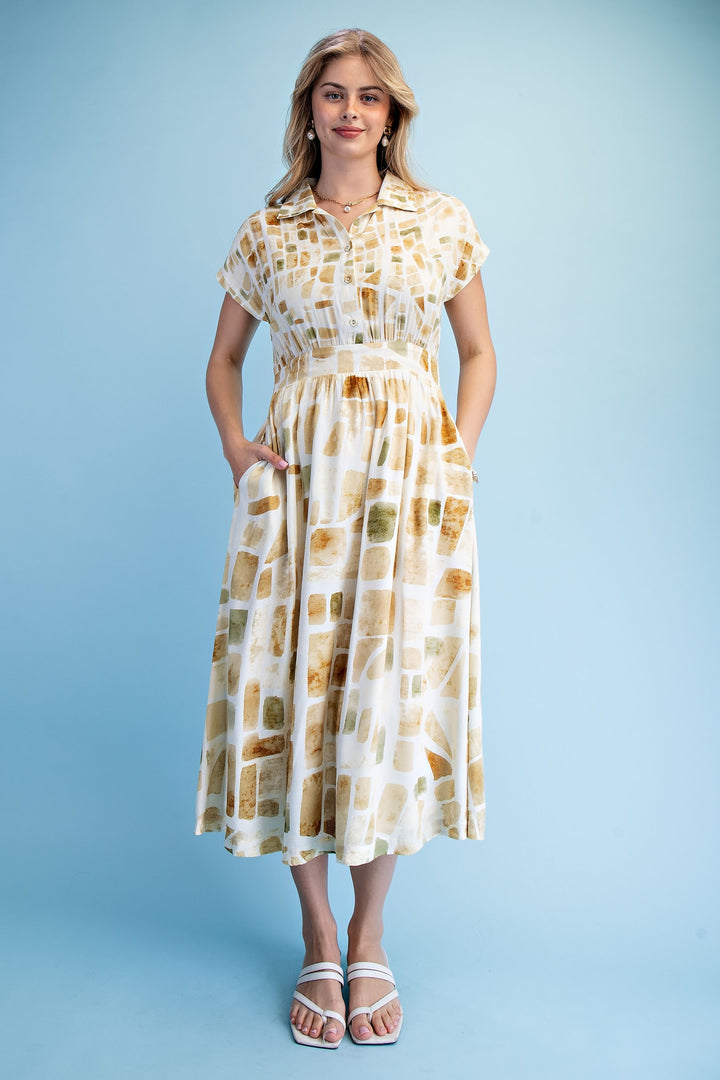 Neutral Tile Print Midi Shirt Dress
