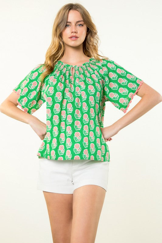 Pink Flowers Green Top