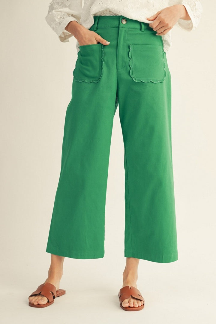 Green Scallop Pocket High Rise Wide Leg Pants