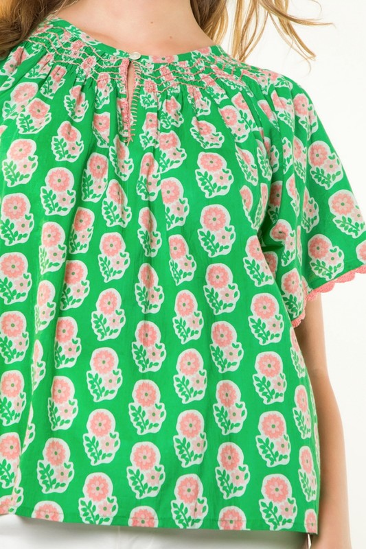 Pink Flowers Green Top