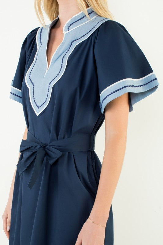 Trimmed V-Neck Belted Dress