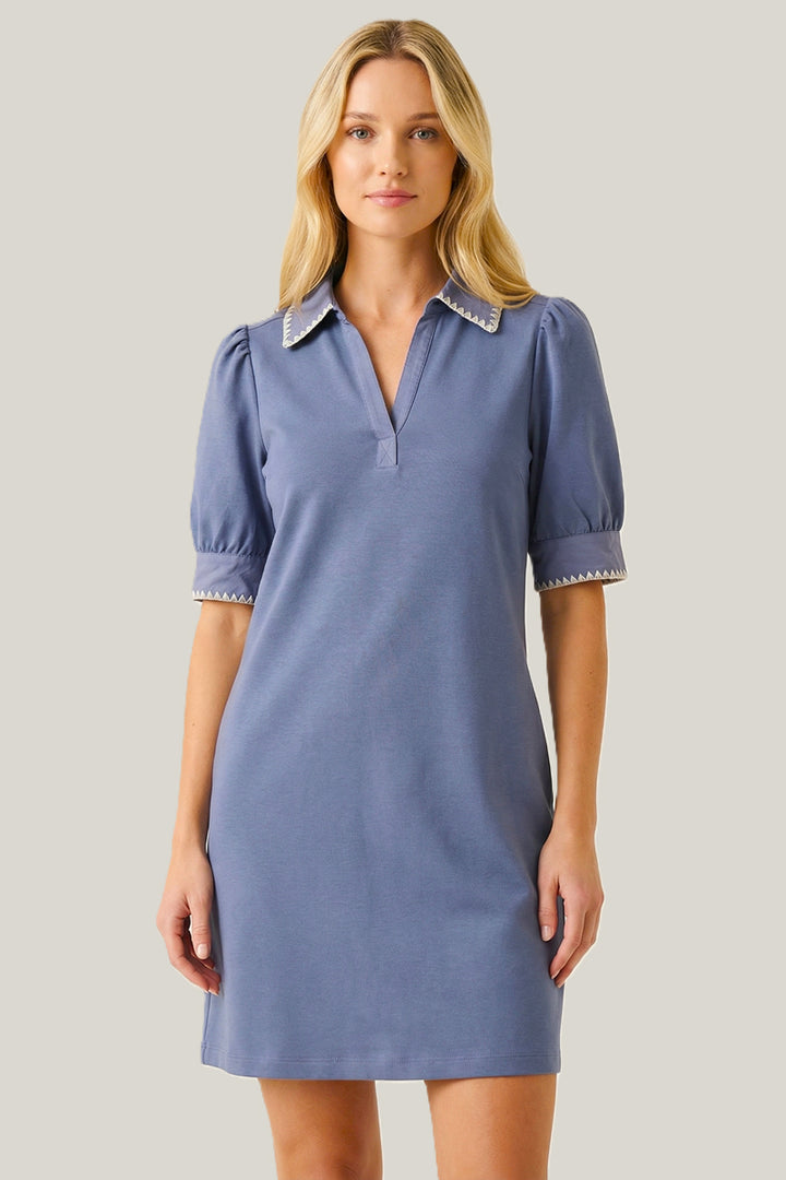 Blanket Stitch Polo Dress Slate Blue