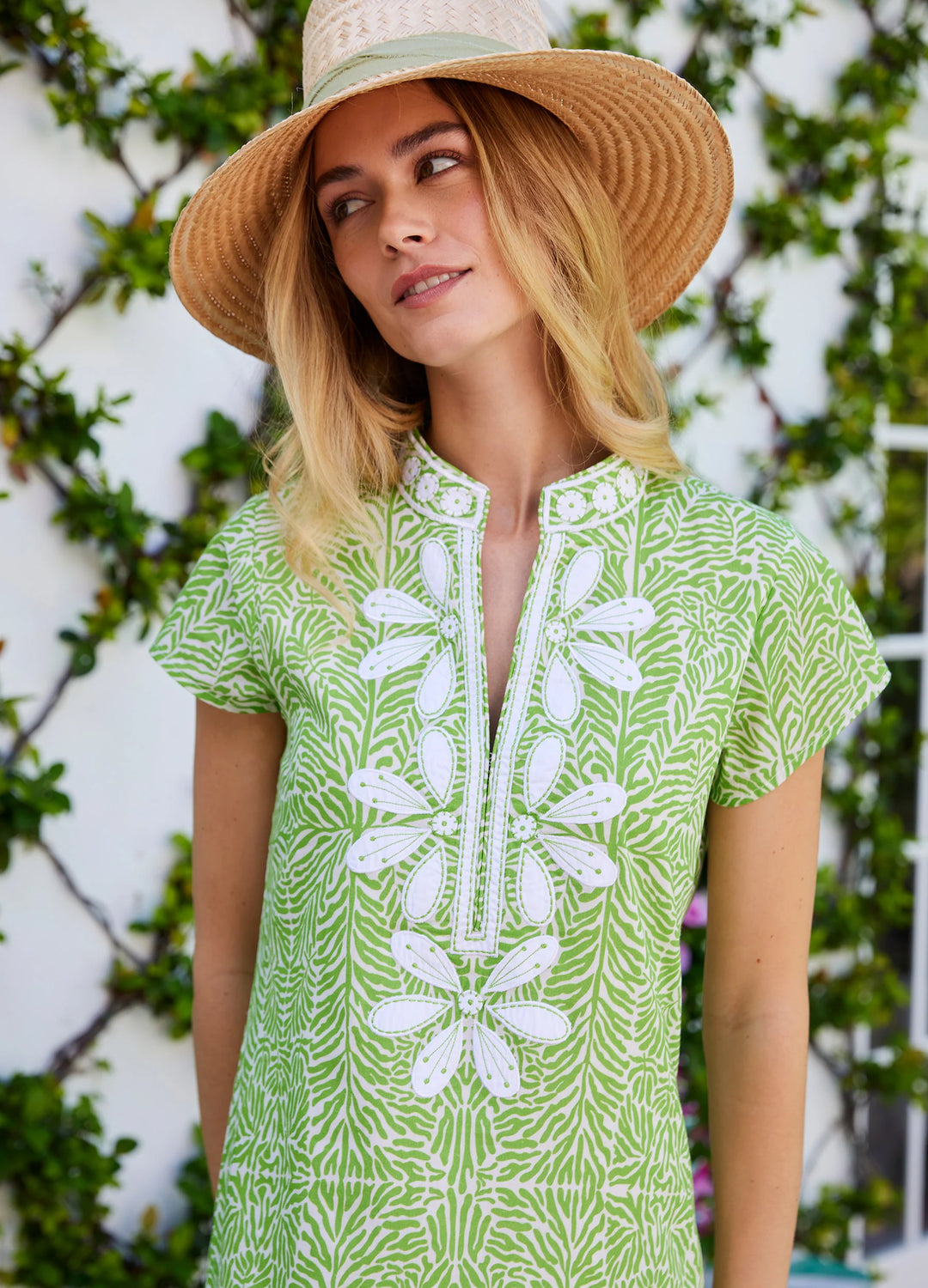 Coral &amp; Green Printed Cotton Caftan Dress