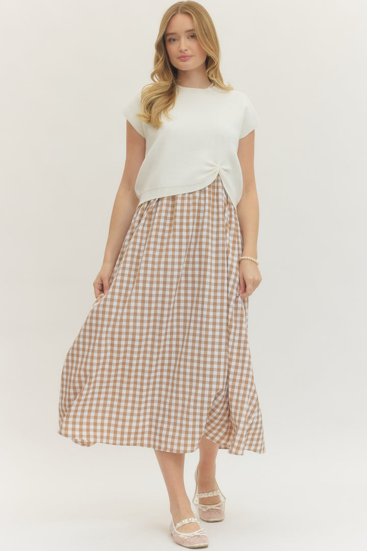 Taupe gingham midi dress with knit overlay top