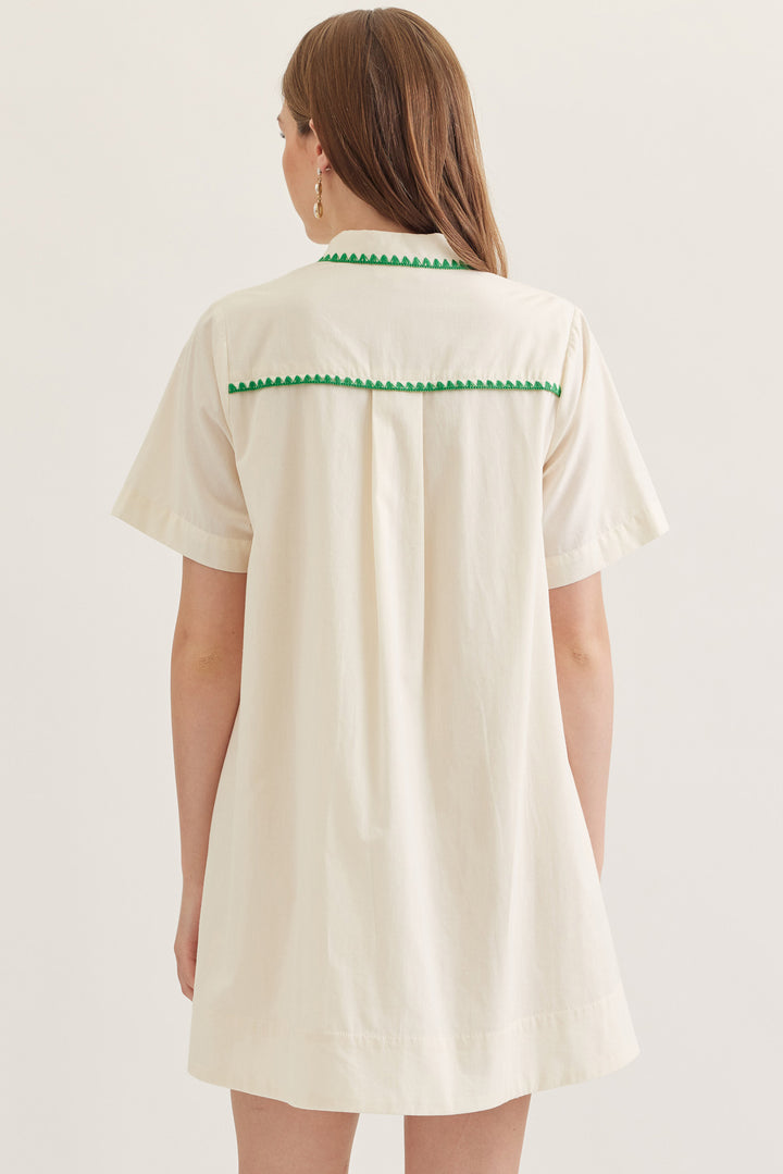 Ecru Button Front Dress with Green Trim Detail
