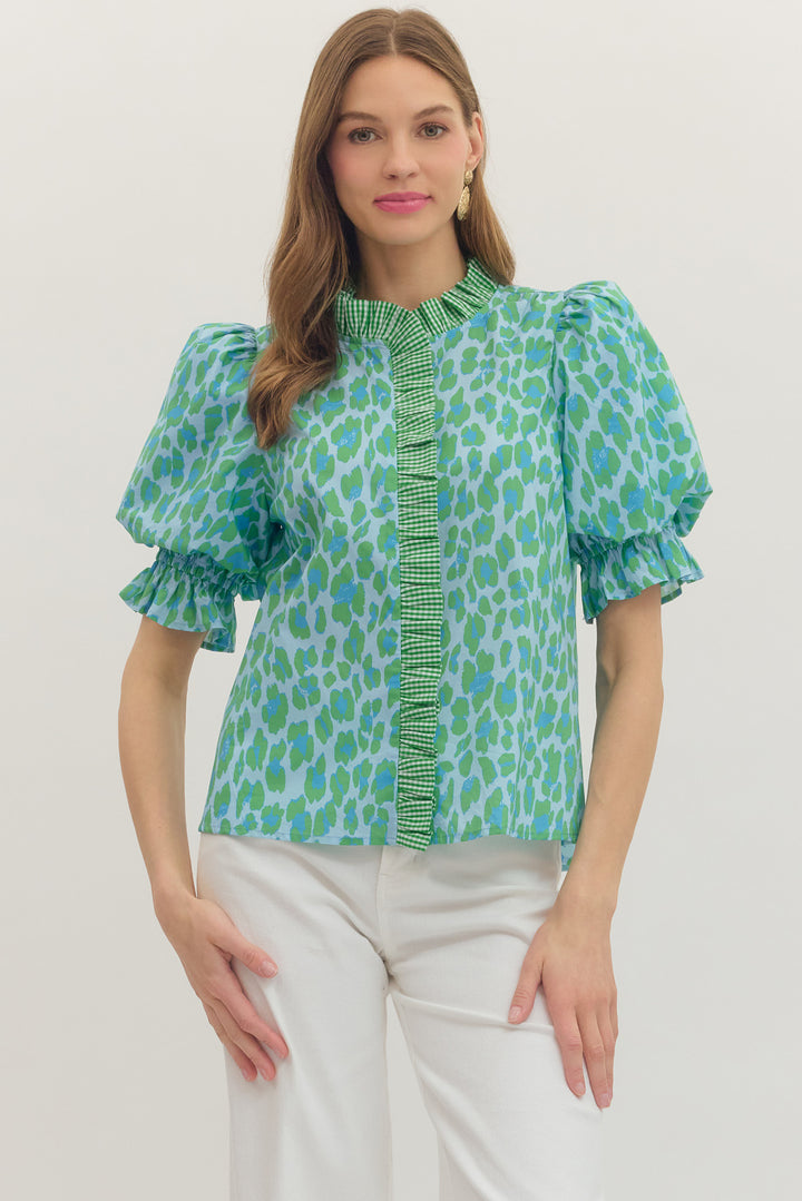 Green print puff sleeve blouse with gingham trim