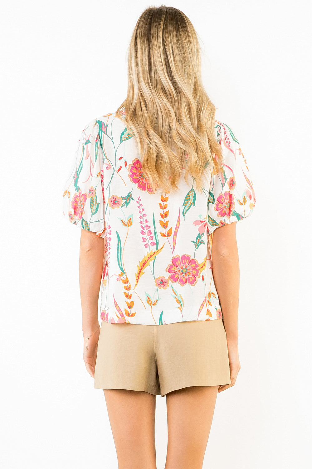 Gingham Trim Floral Puff Sleeve Top
