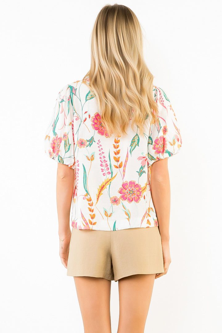 Gingham Trim Floral Puff Sleeve Top