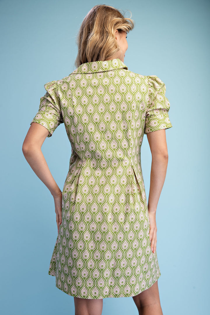 Lime Mix Printed A-Line Collared Mini Dress