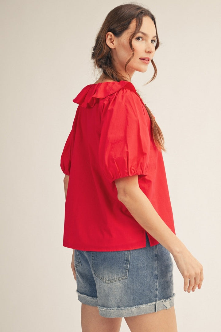Red Peter Pan Collar Puff Sleeve Button Front Top