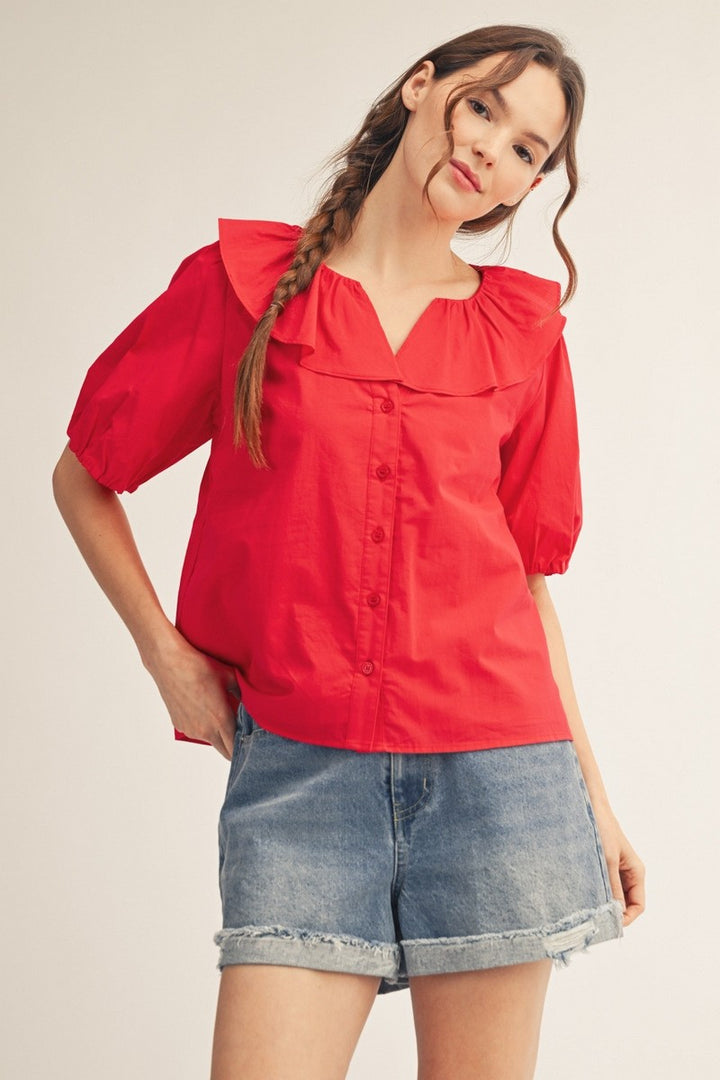 Red Peter Pan Collar Puff Sleeve Button Front Top