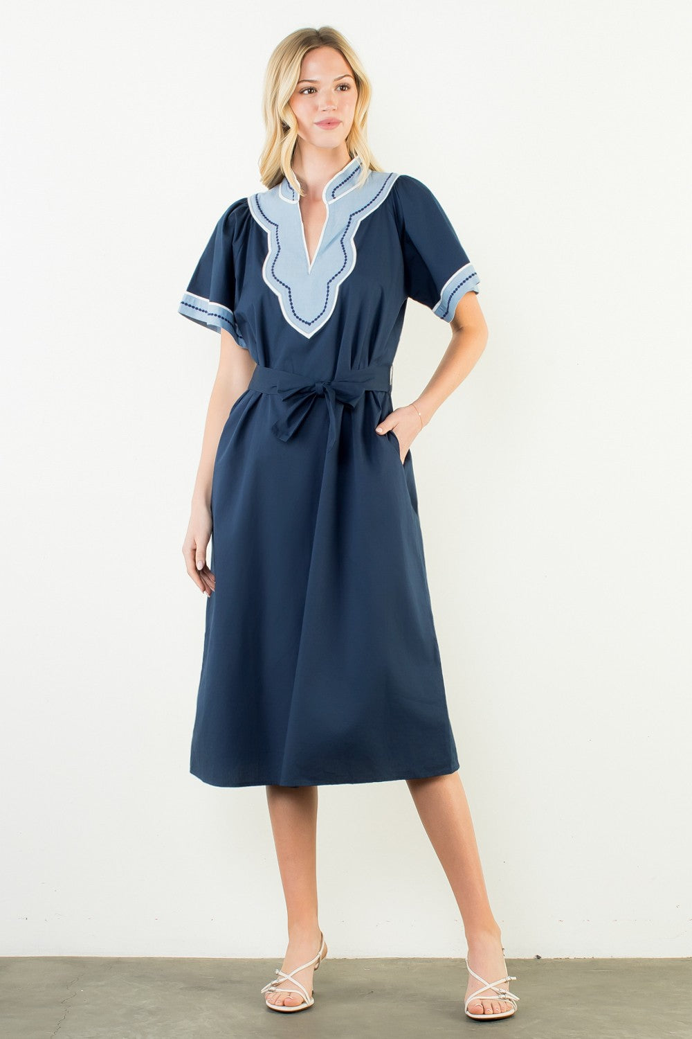 Trimmed V-Neck Belted Dress