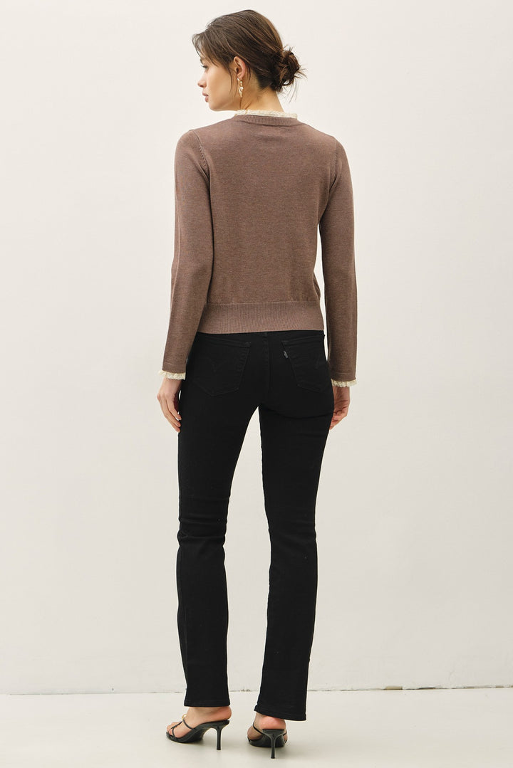 Ruffle Neck Cardigan - Brown