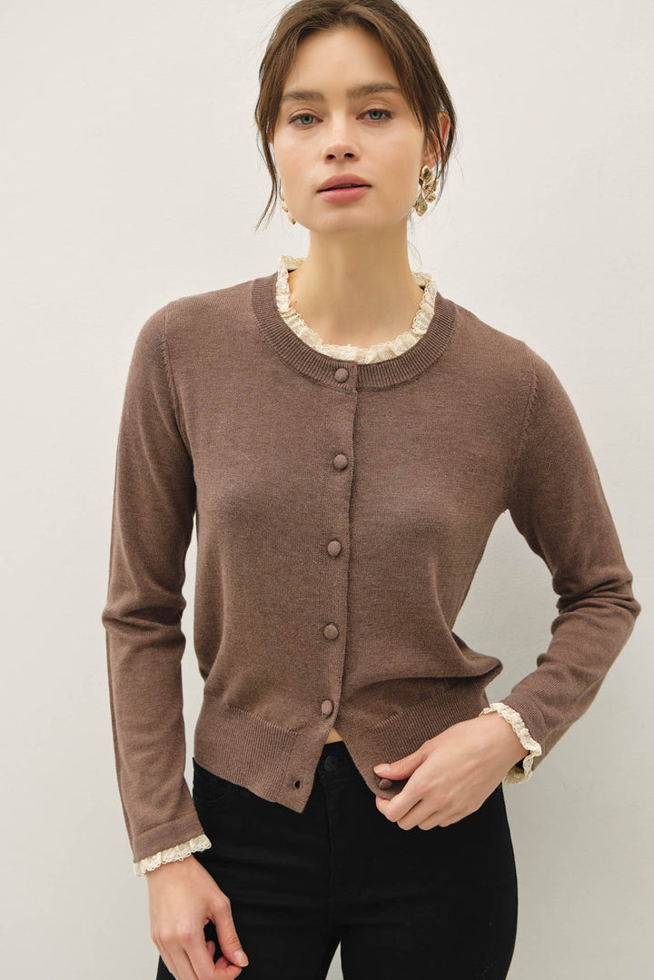Ruffle Neck Cardigan - Brown