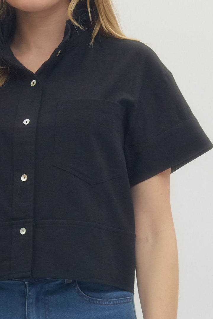 Black Ruffle Collar Button Front Top