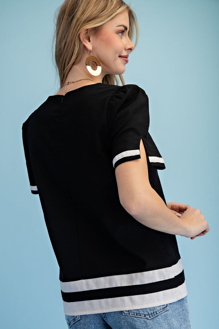 Black Linen Contrast Top