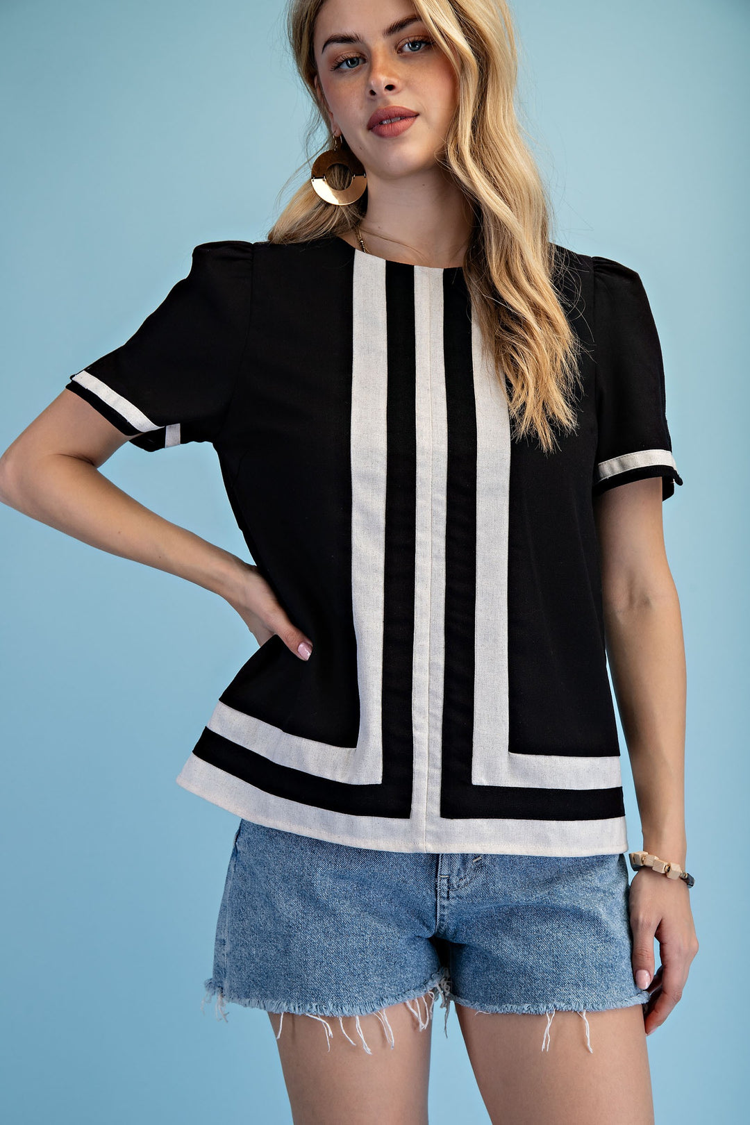 Black Linen Contrast Top