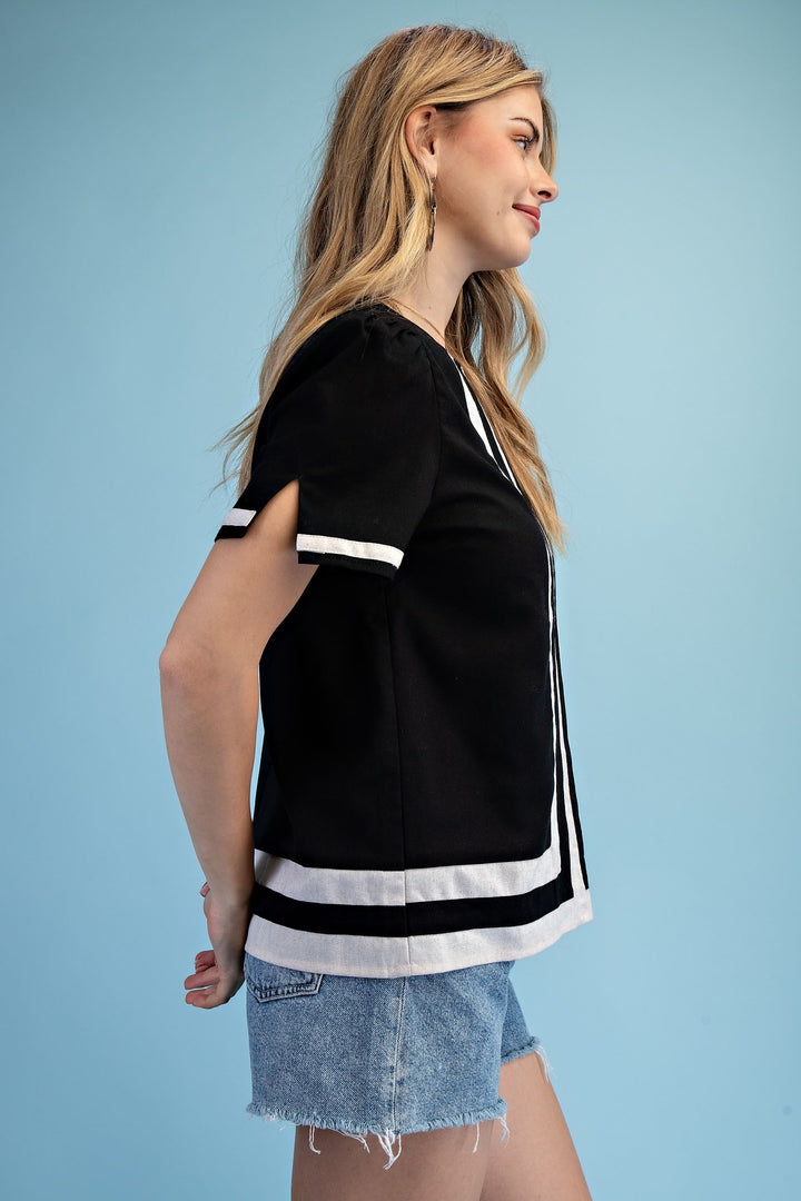 Black Linen Contrast Top