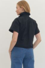 Black Ruffle Collar Button Front Top