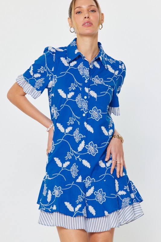 Blue Botanical Embroidered Mini Dress
