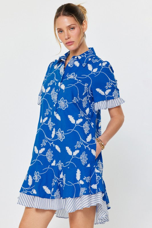 Blue Botanical Embroidered Mini Dress