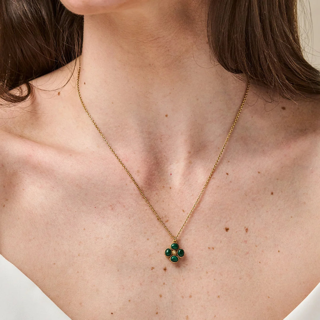 Berry Clover Malachite Double Sided Charm Necklace