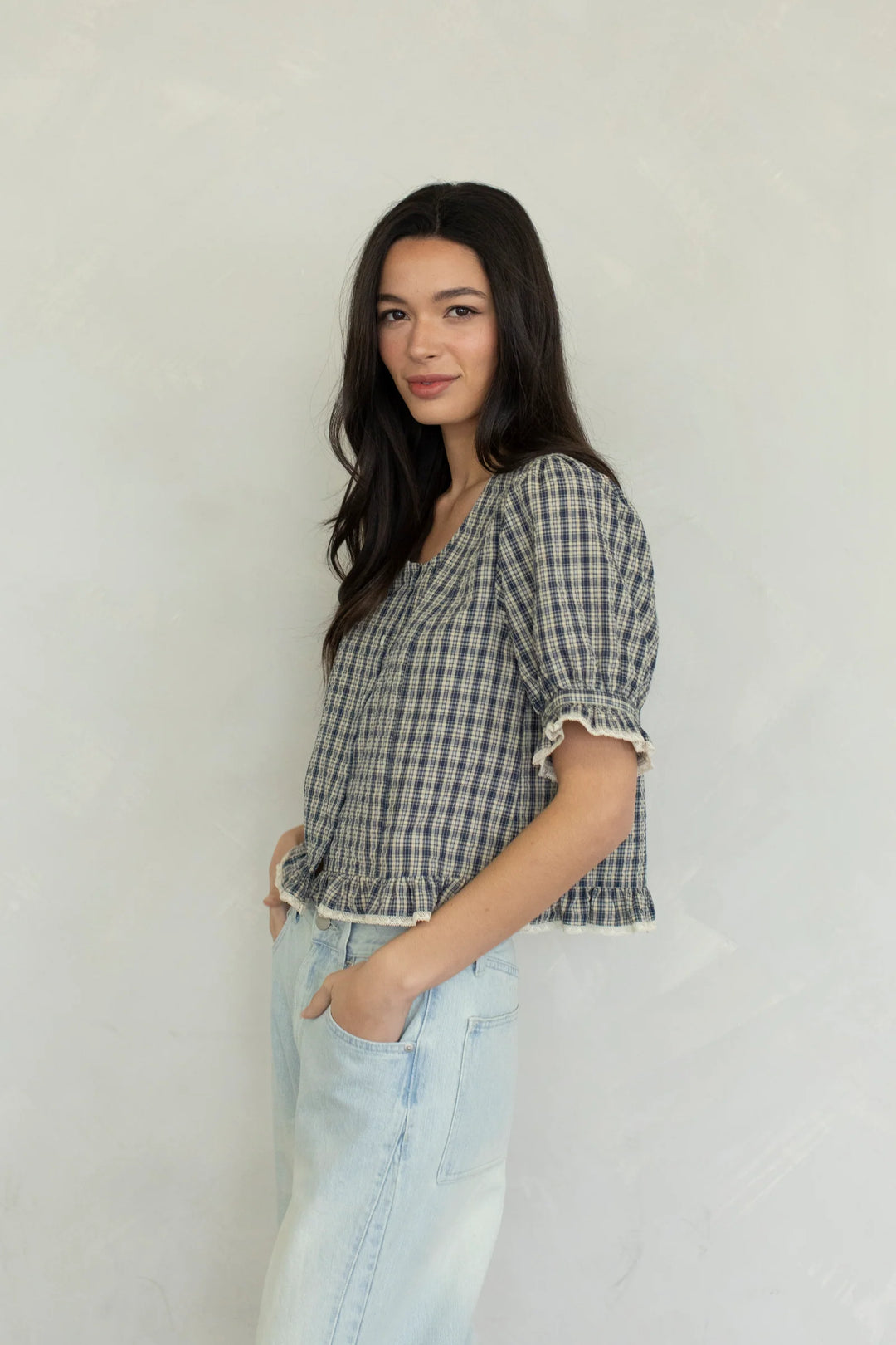 Colleen Ruffle Trim Plaid Blouse