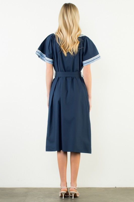 Trimmed V-Neck Belted Dress