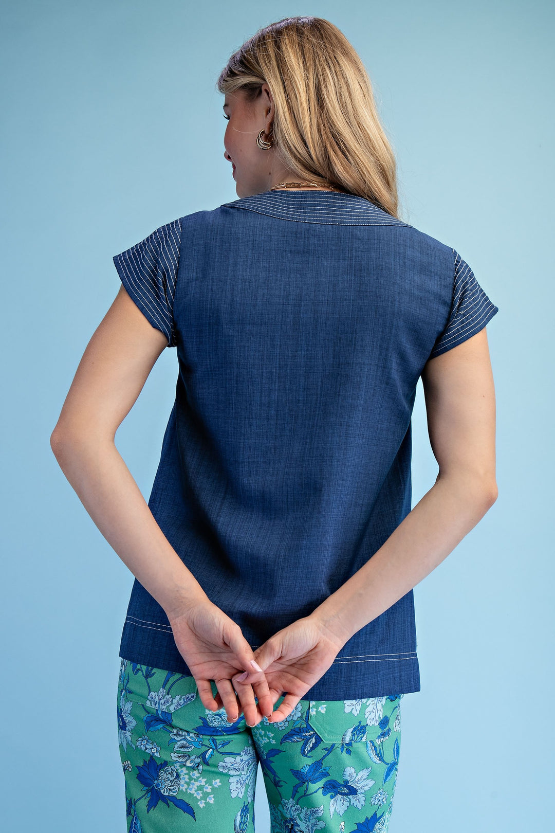 Trapunto Stitch V-Neck Top Denim