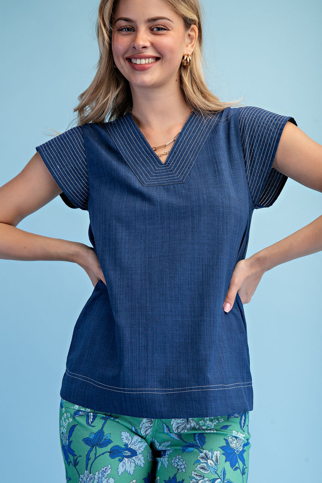 Trapunto Stitch V-Neck Top Denim