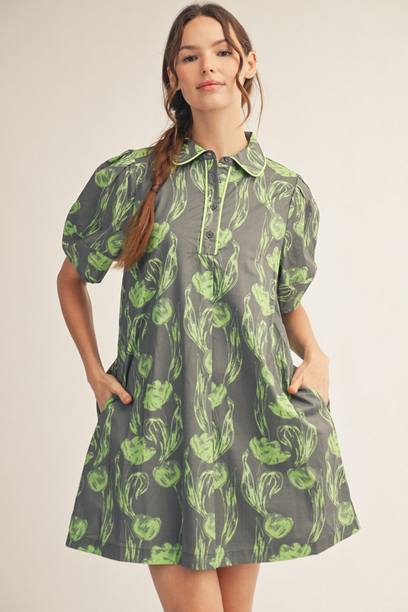 Dorian Floral Dress in Kale