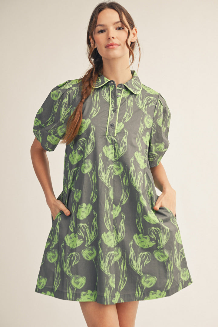 Dorian Floral Dress in Kale