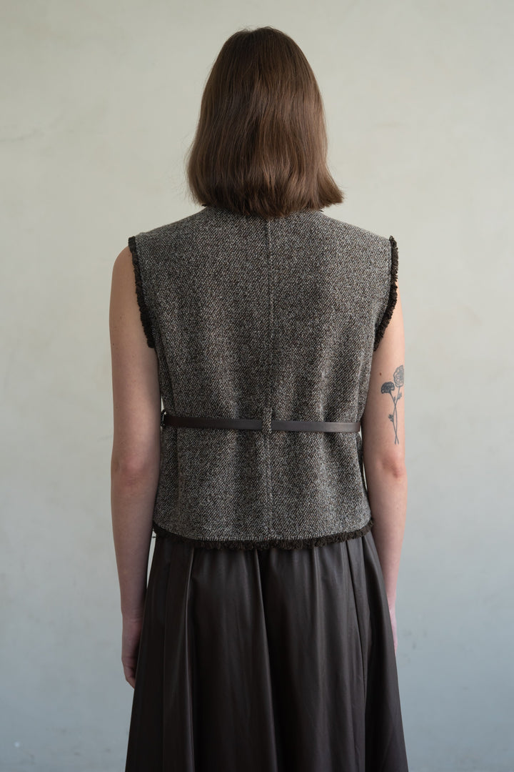 Belted Tweed Vest - Dark Brown