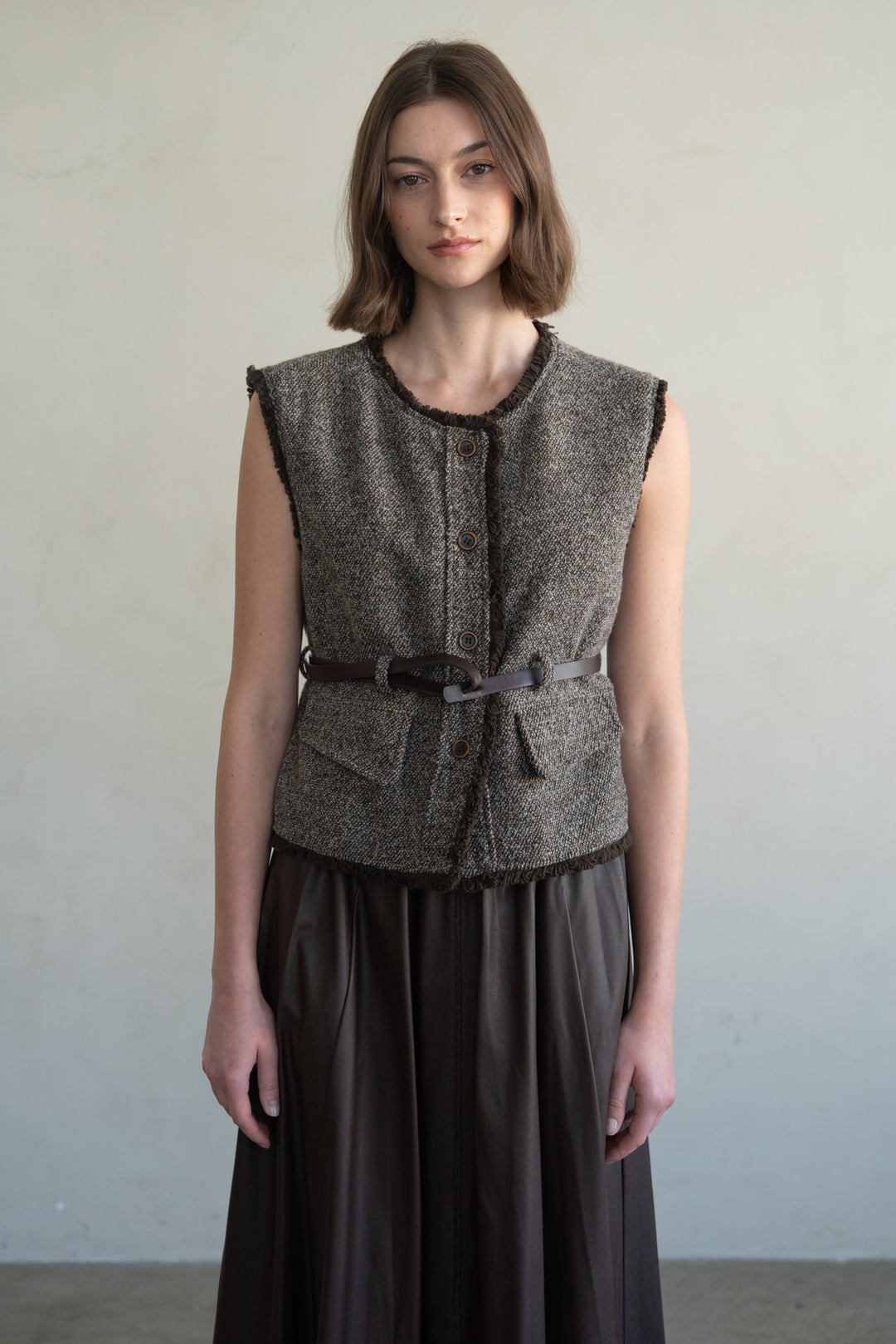 Belted Tweed Vest - Dark Brown